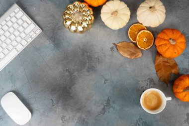 PC klavyesi, üst görünümü, çalışma masası olan beş günlük balkabağı hasadı