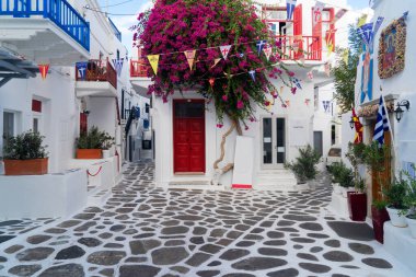 Yunanistan 'ın Mykonos adasının tipik Coloful beyaz caddesi