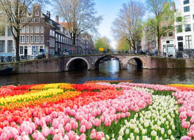 Cephe kanal üzerinden eski tarihi evlerin su, Amsterdam, Hollanda