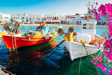 Yunanistan 'ın Mykonos adasının renkli balıkçı tekneleri