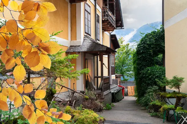 Göz kamaştırıcı dağlarla yukardaki bulutlar arasında güzelce yuva yapmış güzel bir Hallstatt göl kenarı köyü, Avusturya