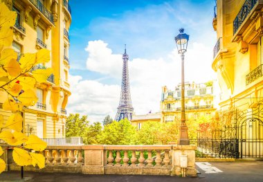 Meşhur Eyfel Kulesi ve yazın Paris şehri, sonbaharda güneşli Paris Fransa
