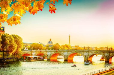 Köprü Pont Neuf ve Seine Nehri, güneşli sonbahar günbatımı, Paris, Fransa, tonda