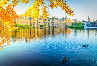 Binnenhof - gölet, Lahey, Hollanda yansımaları ile Hollanda Parlamentosu cephe