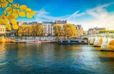 bridge Pont Neuf and Seine river with old houses of Cite island, Paris, France at fall day