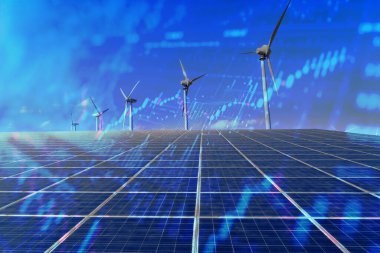 Alternatif enerji kavramı - güneş santrali ve rüzgar değirmeni çiftliği fiyatları, dünya pazarında elektrik fiyatlarında artış.