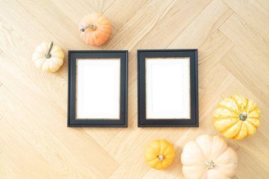 Çekici çerçeveler ve balkabakları barındıran ılık ve hoş bir sonbahar dekoru mevsimsel tasarım yaratmak için ideal.