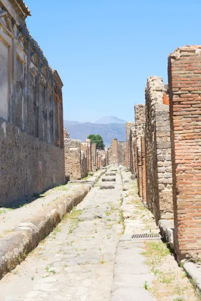 Arka planda Vesuvius volkanı olan Pompeii harabelerinde bir sokak, İtalya