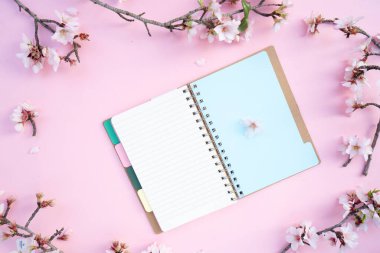 bahar kirazı ve badem ağacı çiçek açan çiçekler pembe arkaplan üzerinde ve açık defter üzerinde kopya alanı