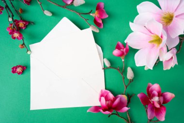 Yeşil arkaplanda çiçekli pembe manolya ağacı dalı, kopyalanmış çerçeve