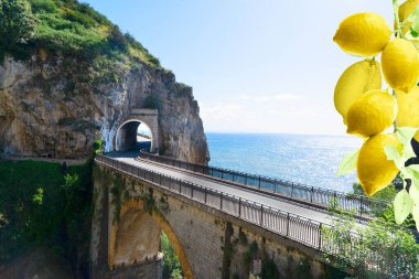 Amalfi kıyısının ünlü virajlı yolu, çiçeklerle dolu yaz, İtalya