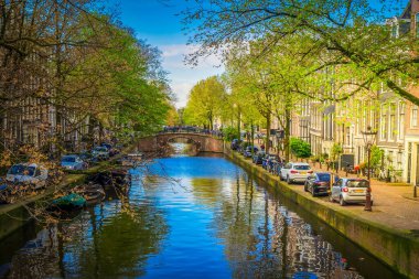 Amsterdam, Hollanda 'daki eski tarihi evler, köprüler ve ağaçların cepheleri