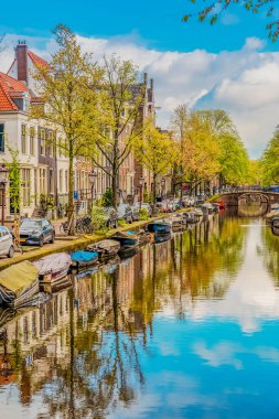 Hollanda, Amsterdam 'da kanal suyu üzerinde eski tarihi evler ve ağaçların cepheleri