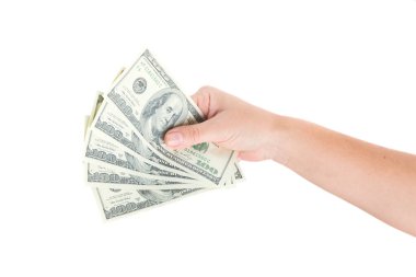 Beyaz arka plan üzerinde izole Doları para veren el