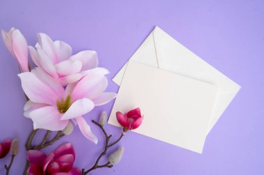 Çiçekli pembe manolya ağacı dalı menekşe arkaplanına karşı çiçekler, boşluğu kopyala