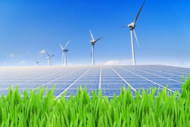 Alternatif enerji kavramı - güneş santrali ve rüzgar değirmeni çiftliği, sürdürülebilir yeşil enerji