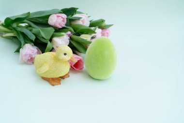 Green Easter eggs with cute duckling fresh tulips, Christian Easter concept