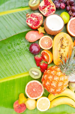 Yeşil yaprağın üzerinde tropikal meyve karışımı ve fotokopi alanı