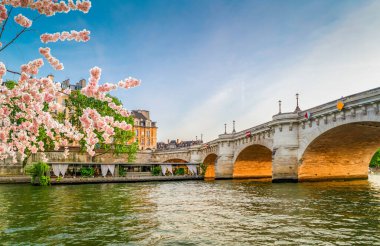 Eyfel Kulesi ve Seine nehir kıyısı, alçak açı, baharda Paris, Fransa