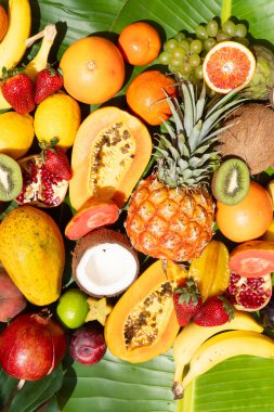 Yeşil yaprağın üzerinde tropikal meyvelerin yaz karışımı