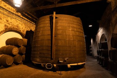 Şarap mahzeni, ahşap fıçılar.