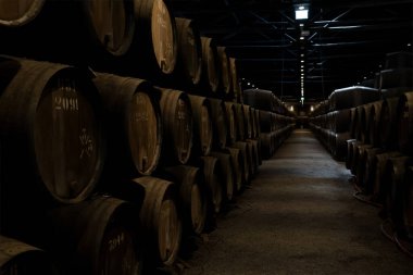 Şarap mahzeni, sıra sıra ahşap fıçılar, yaklaşın.
