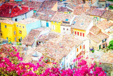 Moustiers-Sainte-Marie, Provence, Fransa 'da çiçekli, tipik küçük bir kasaba.