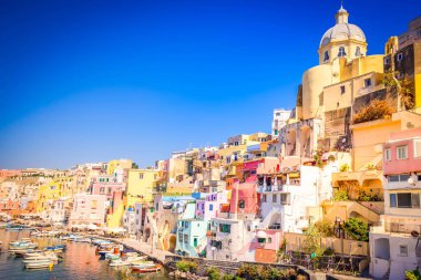 Procida island colorful small town street, Italy