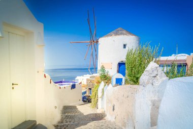Beyaz yel değirmenli geleneksel manzara, Yunanistan 'ın Santorini kentindeki beyaz Yunan köyü