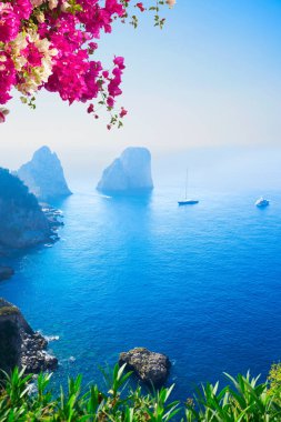 Famous Faraglioni cliffs and Tyrrhenian Sea clear blue water, Capri island, Italy