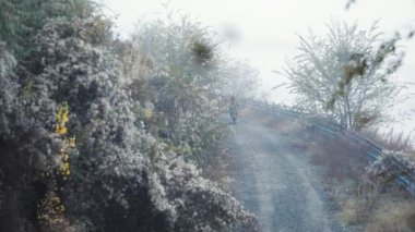 Kazakistan, Almaty 'de sisli bir sabahta Sonbahar Tepesi Dağ Vadisi' nde turuncu formalı sakallı bir adam dağ bisikleti sürüyor. Extreme Sport Bisiklet mtb ve açık hava eğlencesi.