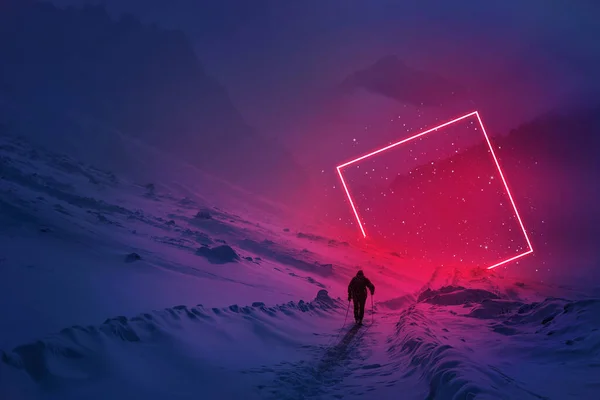 Modern futuristic neon abstract background. Large square glowing red object in the center and lonely man walking in the snow mountain. Dark scene with neon light fantastic star gate