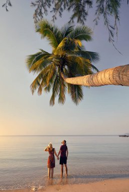 Happy couple in silhouette on the tropical beach near palm tree of Phi Phi island in Southern Thailand. Travel magazine vacation concept.