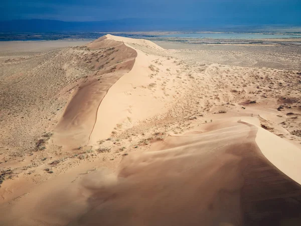 哈萨克斯坦阿拉木图附近著名地区Altyn Emel国家公园的Singing沙漠沙丘 Barkhan景观和Ili河空中无人驾驶飞机拍摄 — 图库照片
