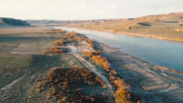 Drohnenaufnahmen Aus Der Luft Vom Fluss Ili Und Der Frühlingssteppe — Stockvideo