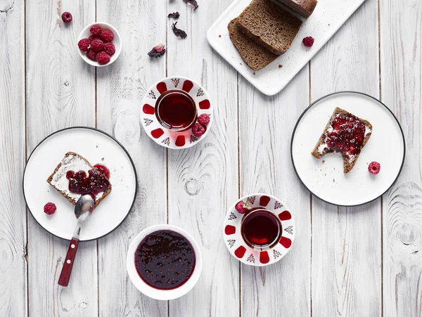 Turkish Tea Bread Butter Raspberries Jam White Table Breakfast Istanbul — Stock Photo, Image