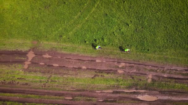 Vue Aérienne Haut Bas Drone Deux Hommes Vtt Sur Route — Video