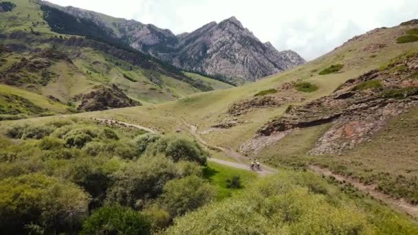 Aereo Drone Colpo Due Uomini Andare Mountain Bike Presso Strada — Video Stock