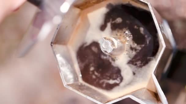 Vertical Video Black Moka Pot Close Make Coffee Steam Slow — Stock Video