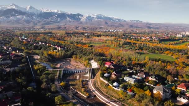 Aerial Drone View Panorama Big Almaty River Houses Scenery Snow — Αρχείο Βίντεο