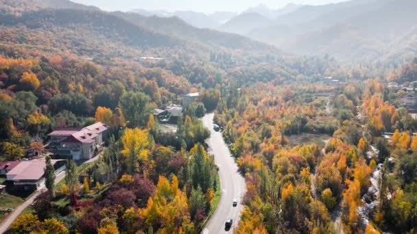 カザフスタンのアルマトイ市の秋に山の黄色い木の森の近くの輸送と川とレーダーの空中ドローンビューパノラマ — ストック動画