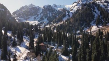 Dağların hava aracı manzarası, bakir beyaz kar ve çam ağacı ormanlarıyla kaplı. Kazakistan 'ın Almaty şehrindeki Tien Shan Dağı