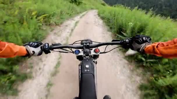 Horský Cyklista Elektrickém Motocyklu Stezce Zeleném Horském Lese Pov Mřížemi — Stock video