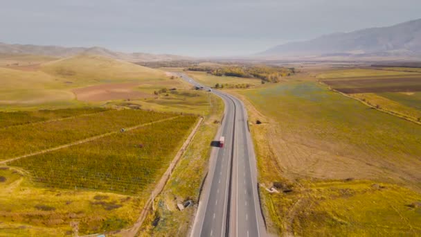 Drone Aerial Road Trasporto Camion Industria Campo Coltura Natura Autostrada — Video Stock
