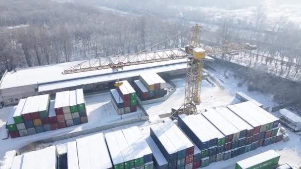 Kleurrijke Scheepvaart Container Gele Vracht Kraan Sneeuw Opslagplaats Winter Tijd — Stockvideo