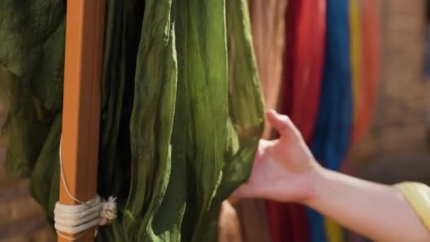 Ethnic Colorful Cloth Silk Scarf Traditional Uzbekistan Ornament Street Market — Stock Video