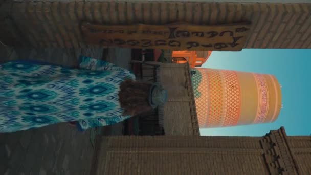 Vertikální Video Ženy Etnických Šatech Modrým Ornamentem Kloboukem Kráčející Zpomaleném — Stock video