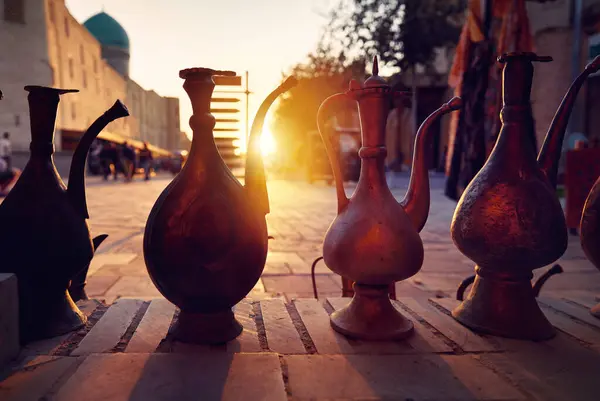 Old Traditional Bronze Pot Cups Souvenirs Street Market Sunset Glow Royalty Free Stock Images