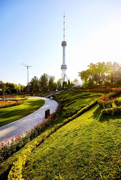 Taskent Television Tower Toshkent Teleminorasi Zöld Gyep Parkban Naplementekor Üzbegisztánban Jogdíjmentes Stock Fotók
