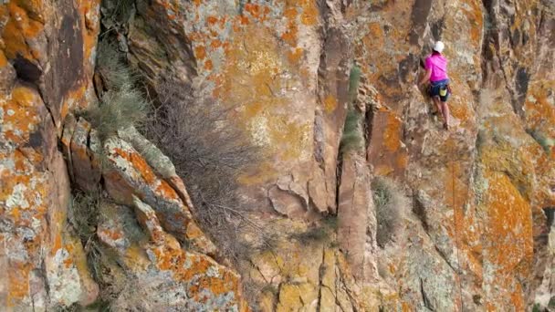 Luftaufnahme Eines Mannes Rosafarbenen Shirt Beim Klettern Auf Dem Hohen — Stockvideo